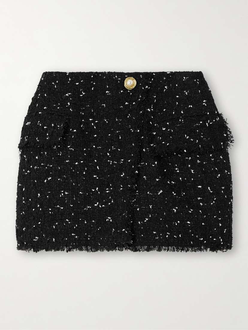 Balmain Wrap-effect Sequin-embellished Frayed Tweed Mini Skirt
