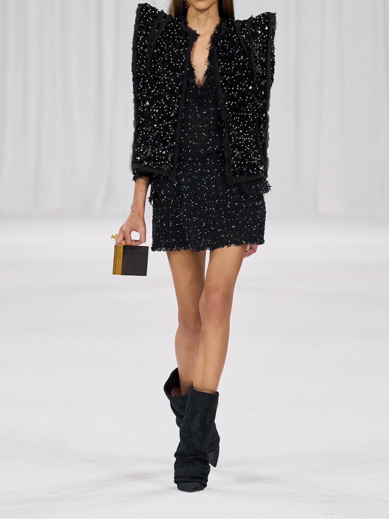 Balmain Wrap-effect Sequin-embellished Frayed Tweed Mini Skirt In Black