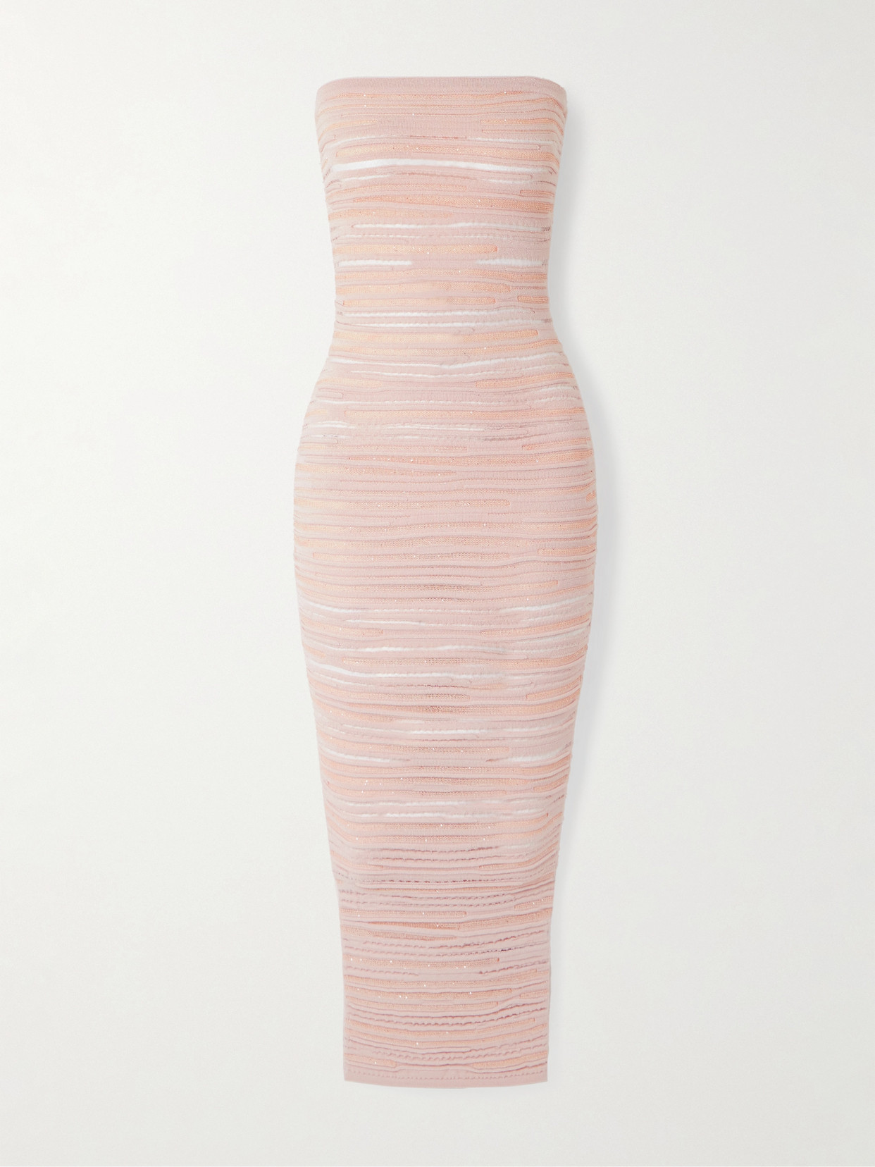 Balmain Strapless Sequin-embellished Open-knit Midi Dress In Pink