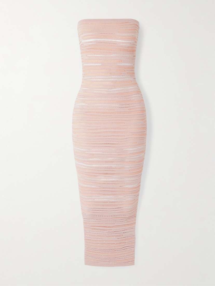 Balmain Strapless Sequin-embellished Open-knit Midi Dress