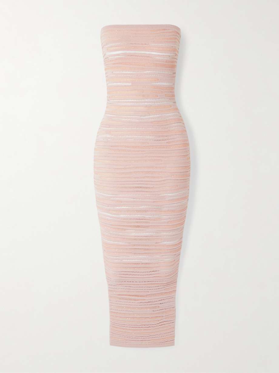 strapless sequin-embellished open-knit midi dress