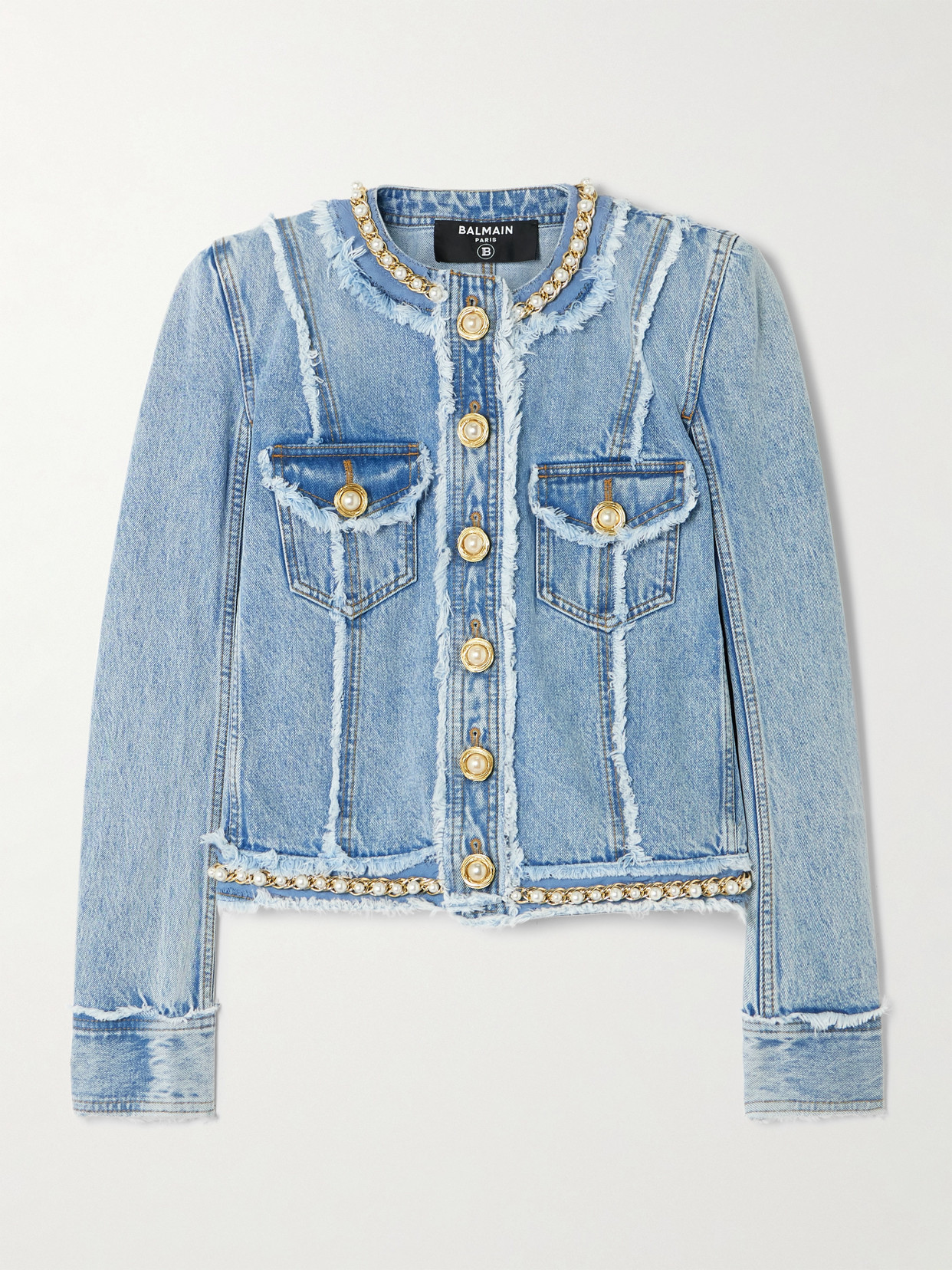 Balmain Faux Pearl-embellished Frayed Denim Jacket In Blue