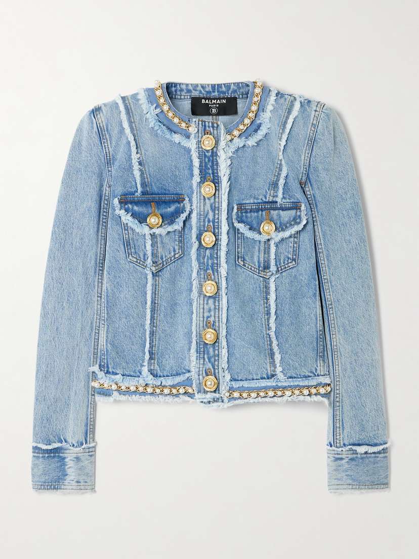 Balmain Faux Pearl-embellished Frayed Denim Jacket