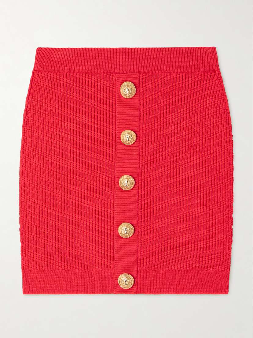 Balmain Button-embellished Ribbed-knit Mini Skirt