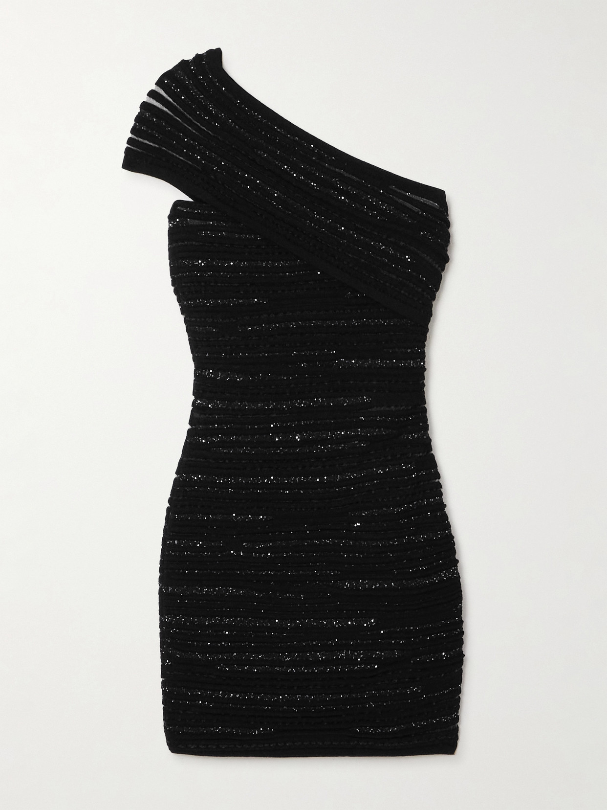 Balmain One-shoulder Sequin-embellished Ribbed-knit Mini Dress In Black