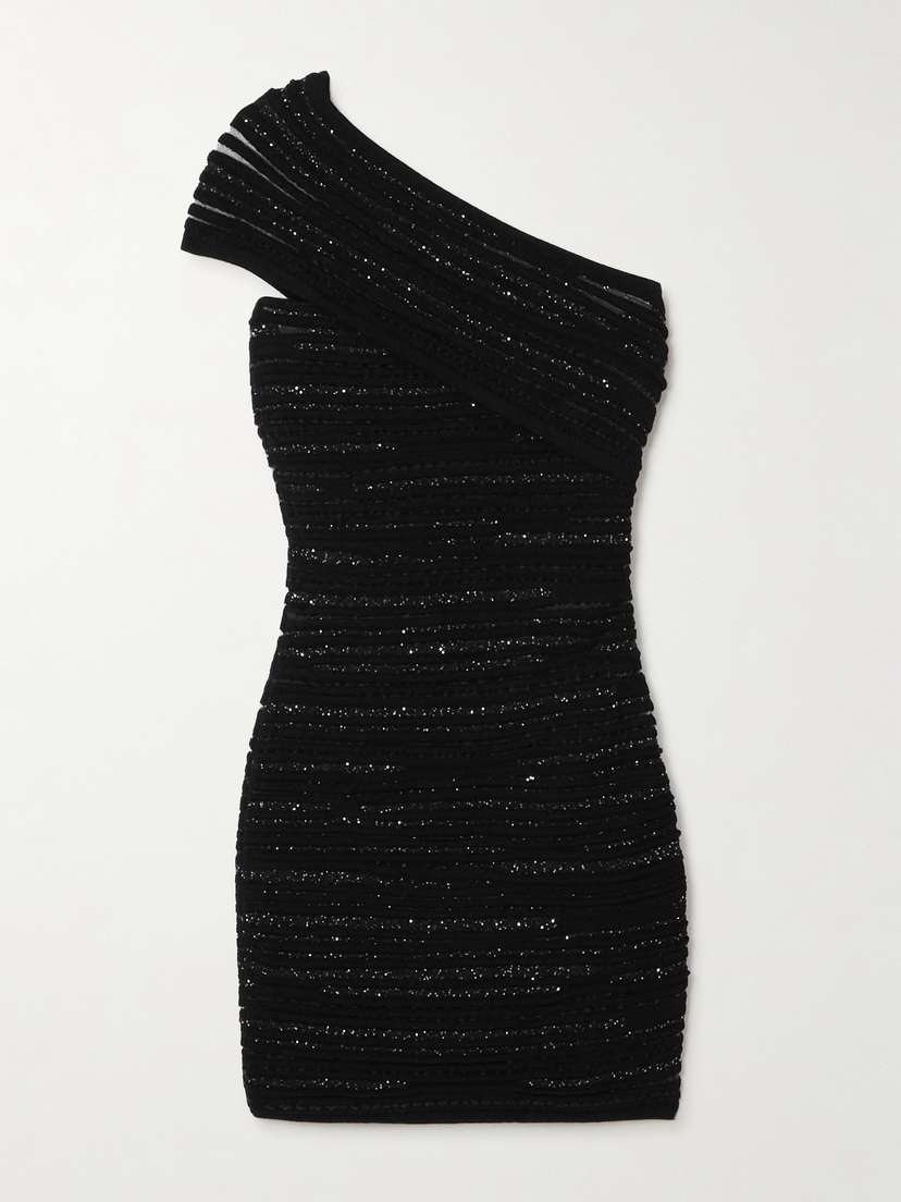 Balmain One-shoulder Sequin-embellished Ribbed-knit Mini Dress