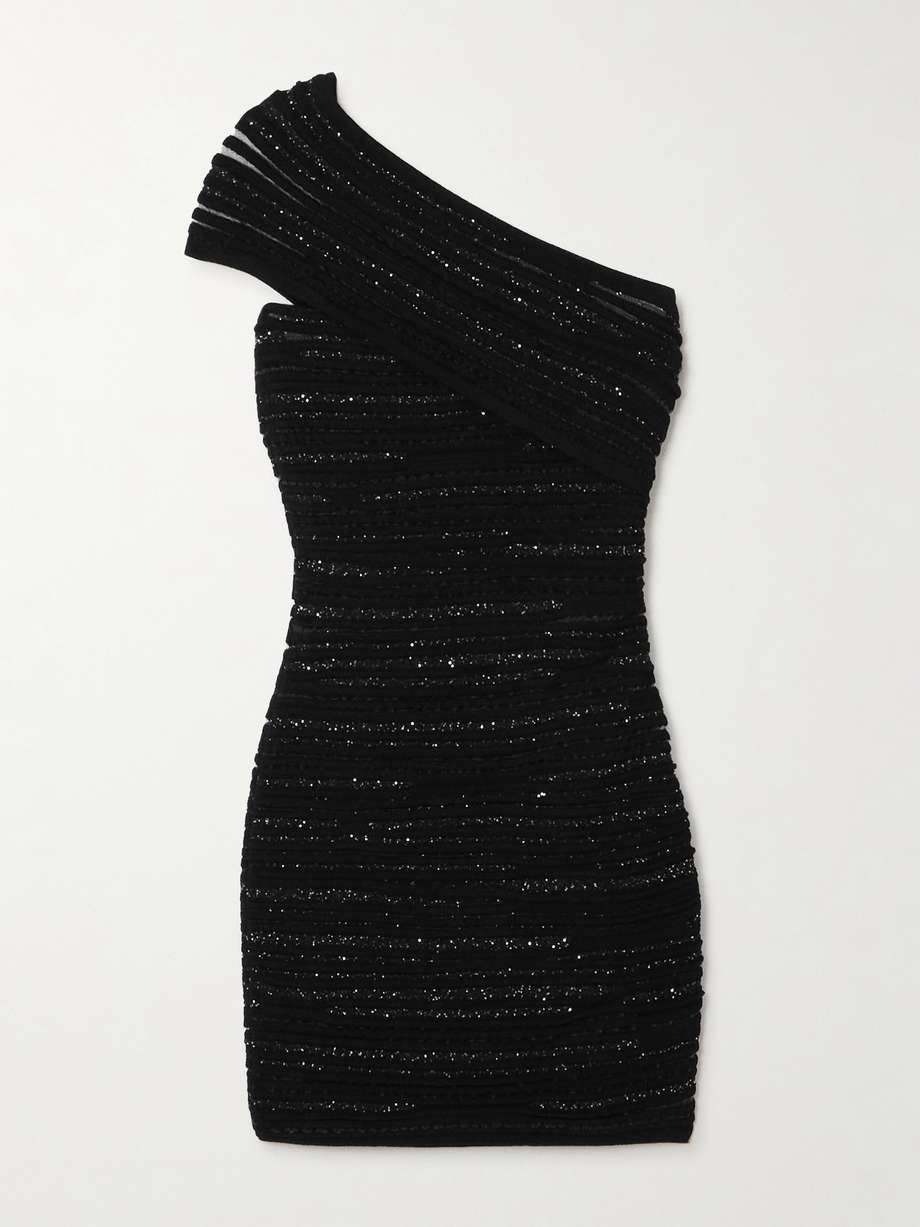 one-shoulder sequin-embellished ribbed-knit mini dress