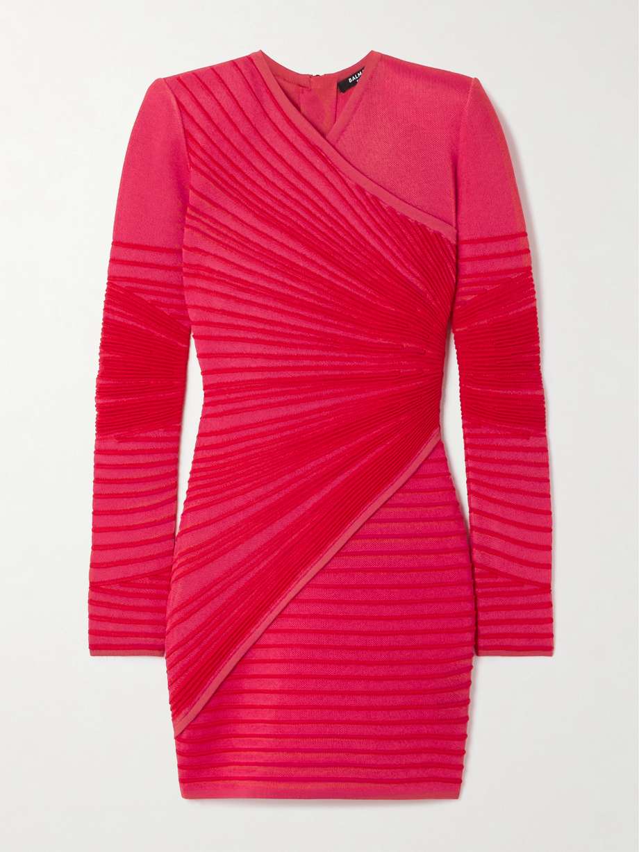 wrap-effect ribbed-knit mini dress