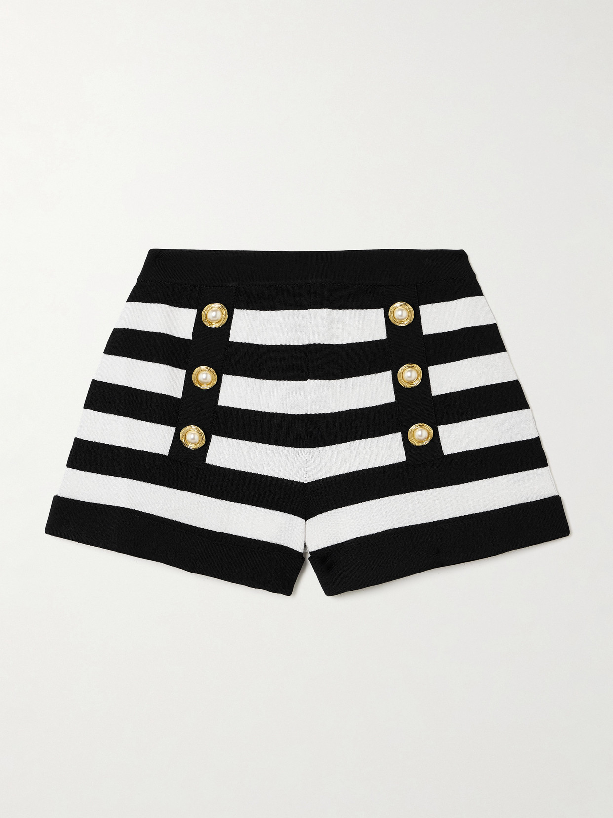 Balmain Faux Pearl-embellished Striped Knitted Shorts In Black