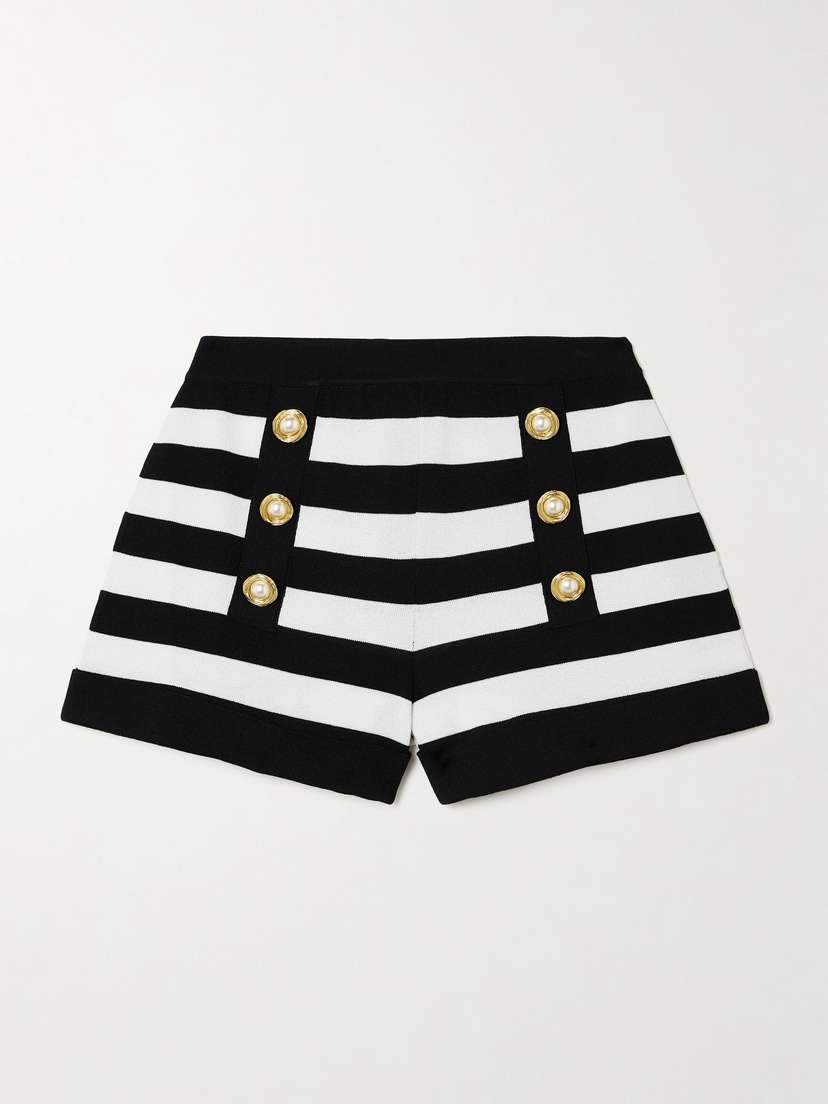Balmain Faux Pearl-embellished Striped Knitted Shorts