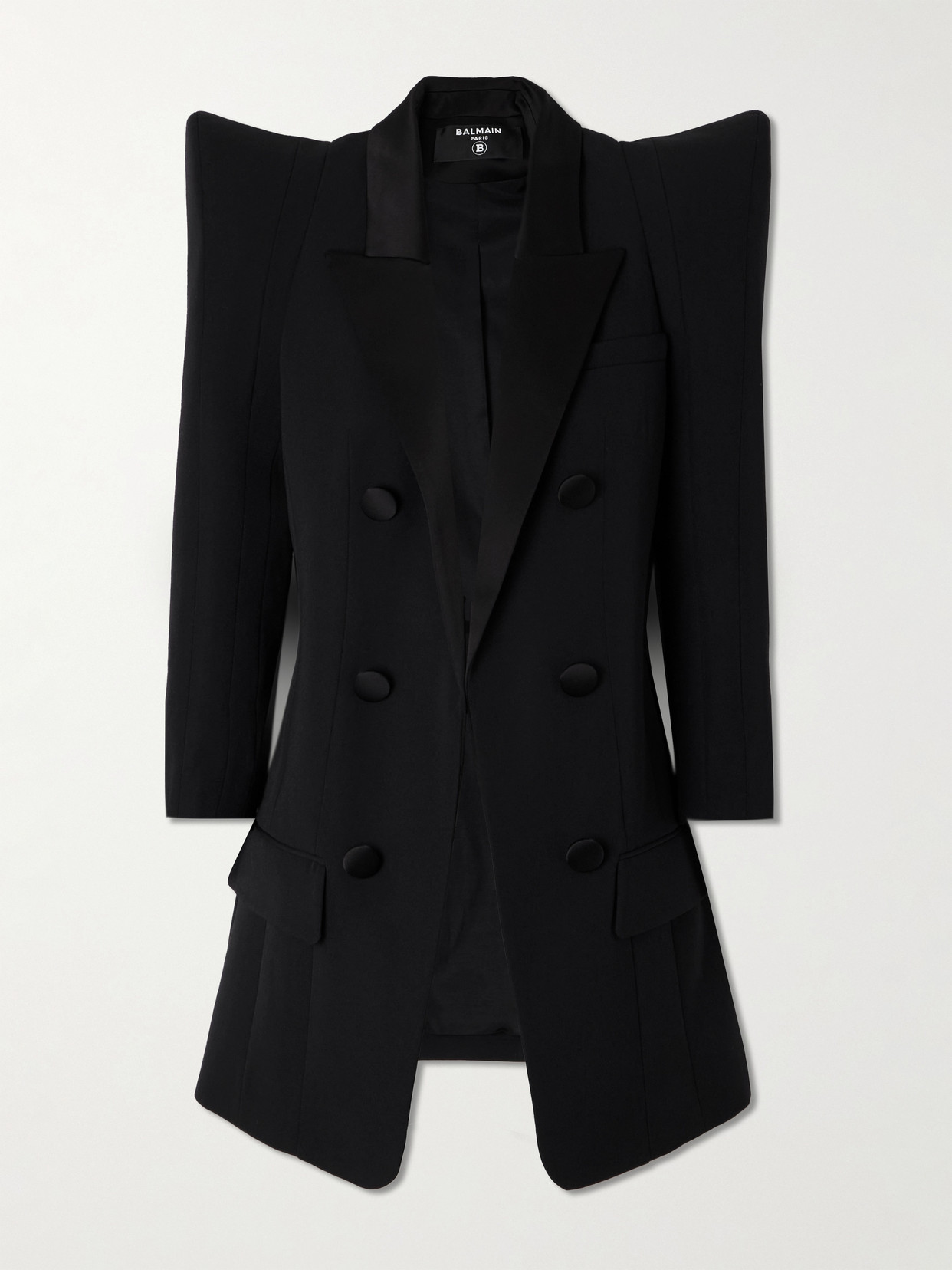 Balmain Asymmetric Satin-trimmed Wool Blazer In Black