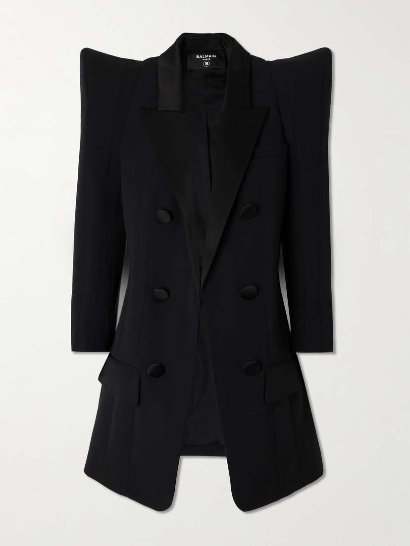 Balmain Asymmetric Satin-trimmed Wool Blazer