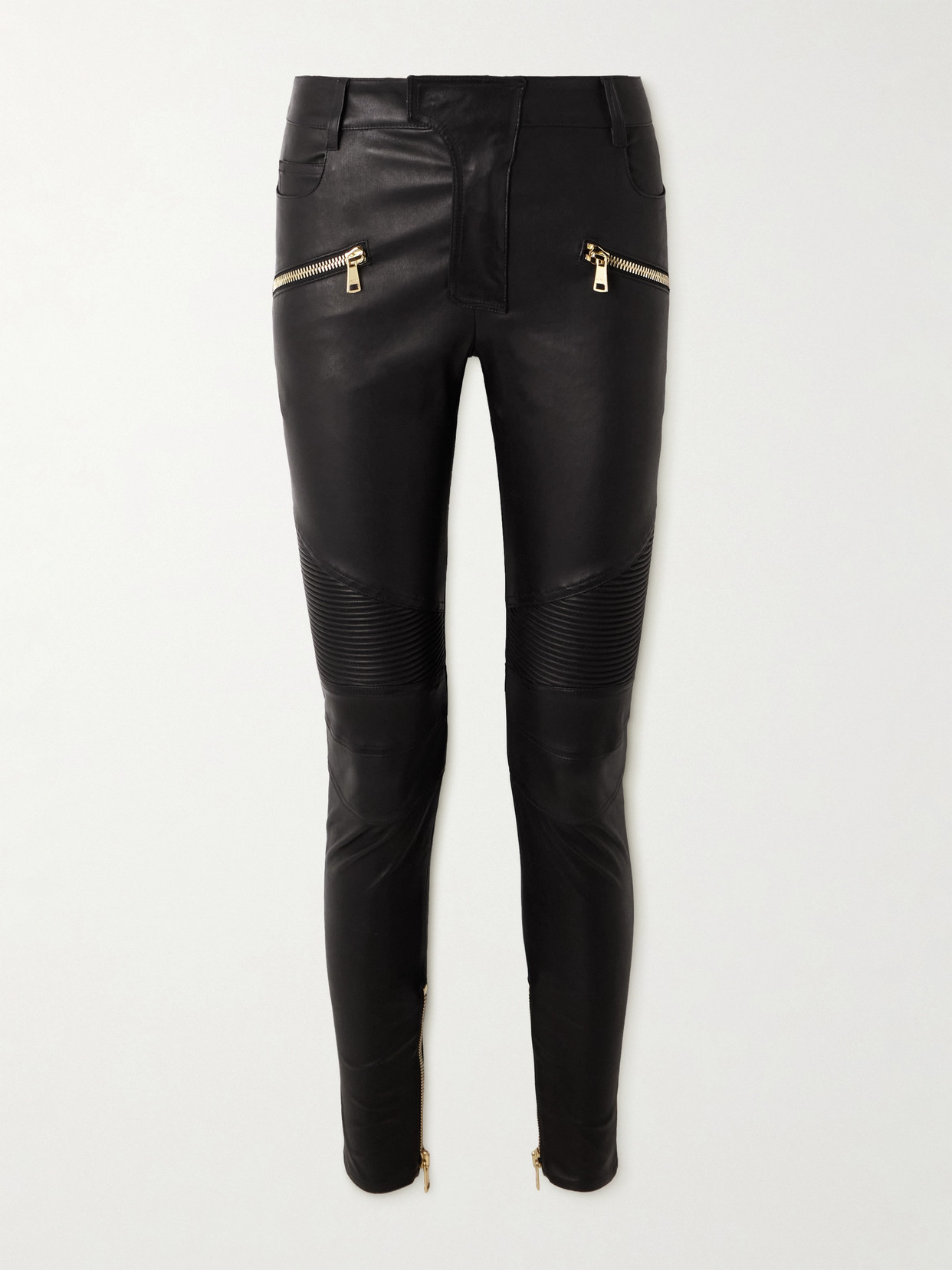 Balmain Zip-detailed Paneled Leather Skinny Trousers In Black