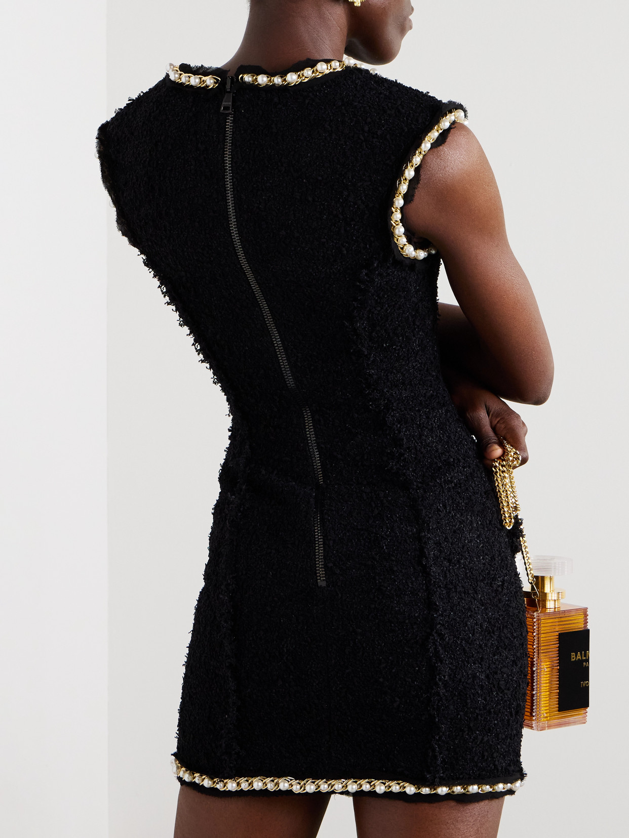 BALMAIN EMBELLISHED METALLIC TWEED MINI DRESS