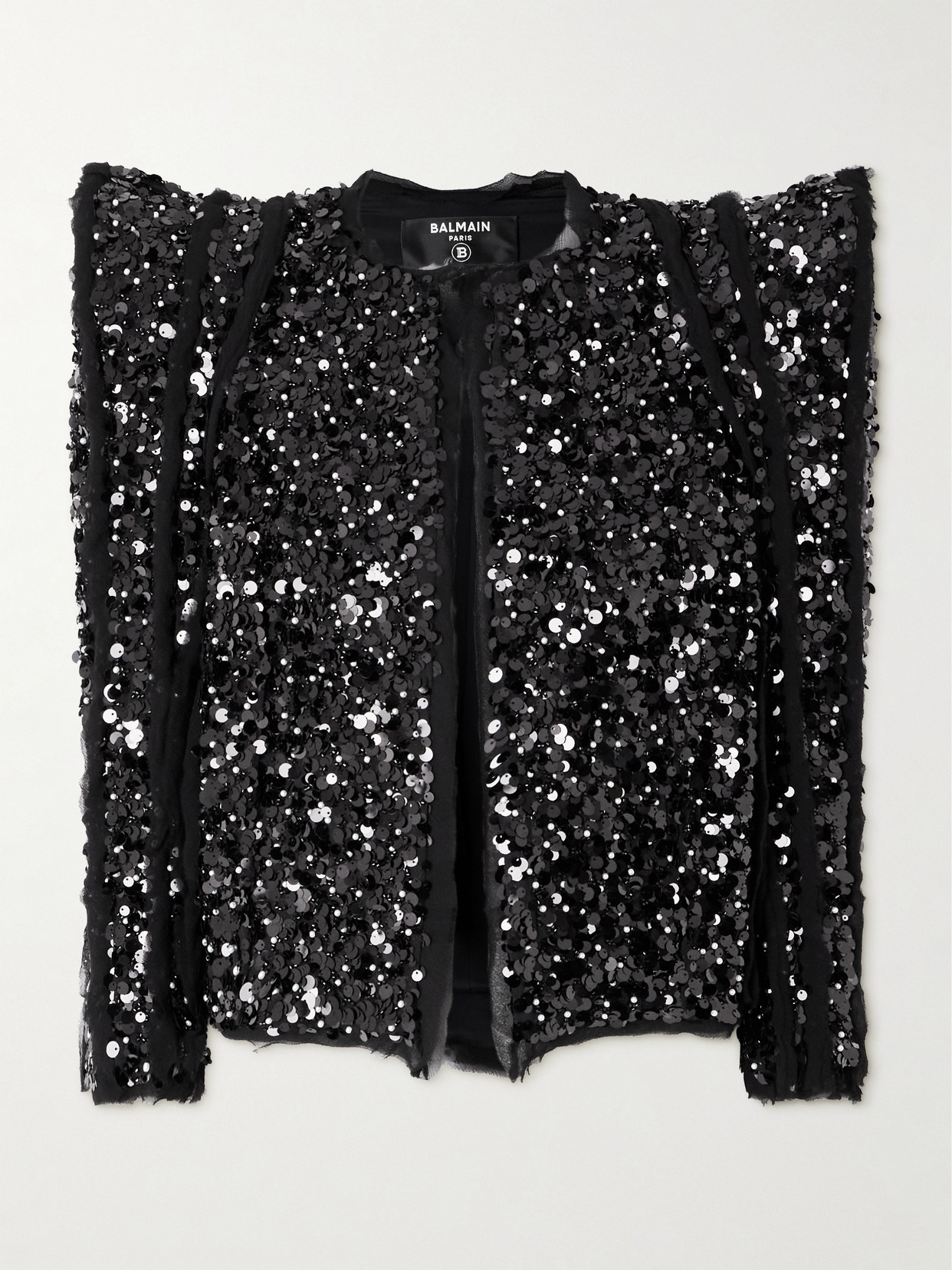 Balmain Embellished Mesh And Crepon Jacket In Black