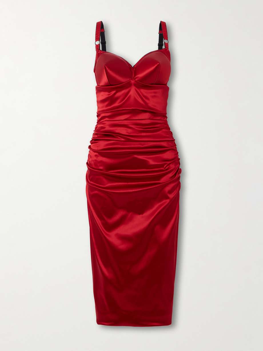 ruched satin midi dress