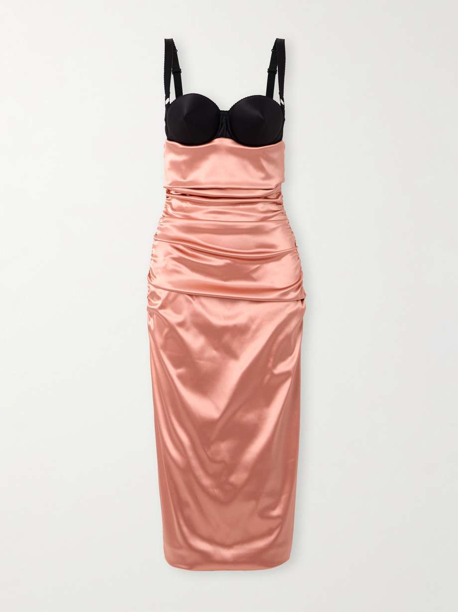 two-tone ruched satin midi dress