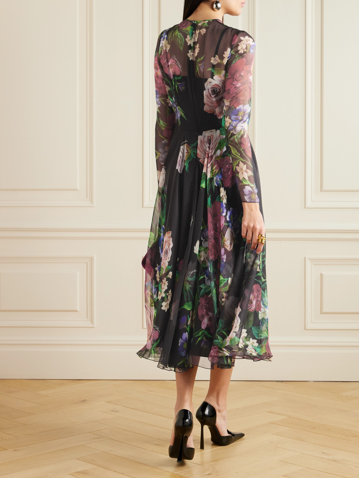 Dolce & Gabbana Pleated Floral-print Silk-chiffon Midi Dress In Black