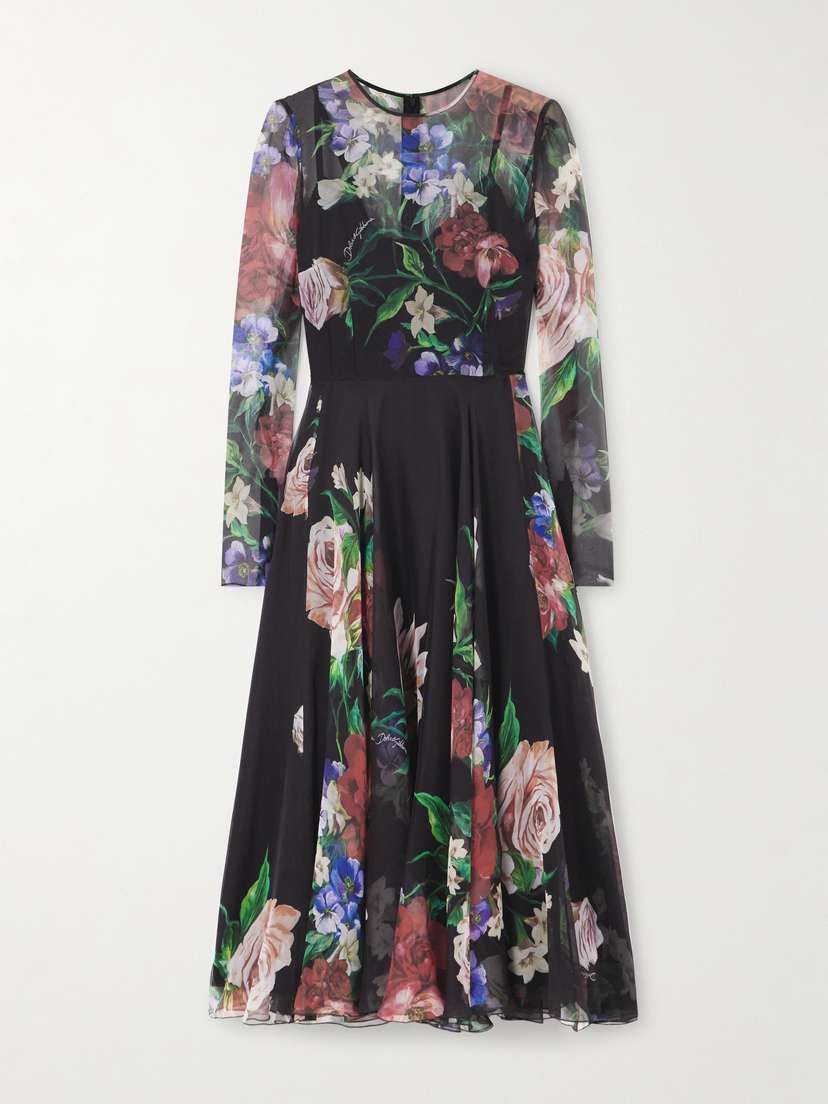 Dolce & Gabbana Pleated Floral-print Silk-chiffon Midi Dress