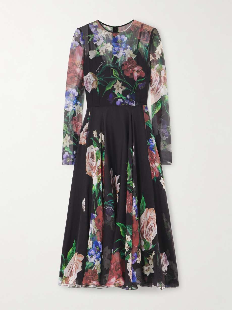 pleated floral-print silk-chiffon midi dress