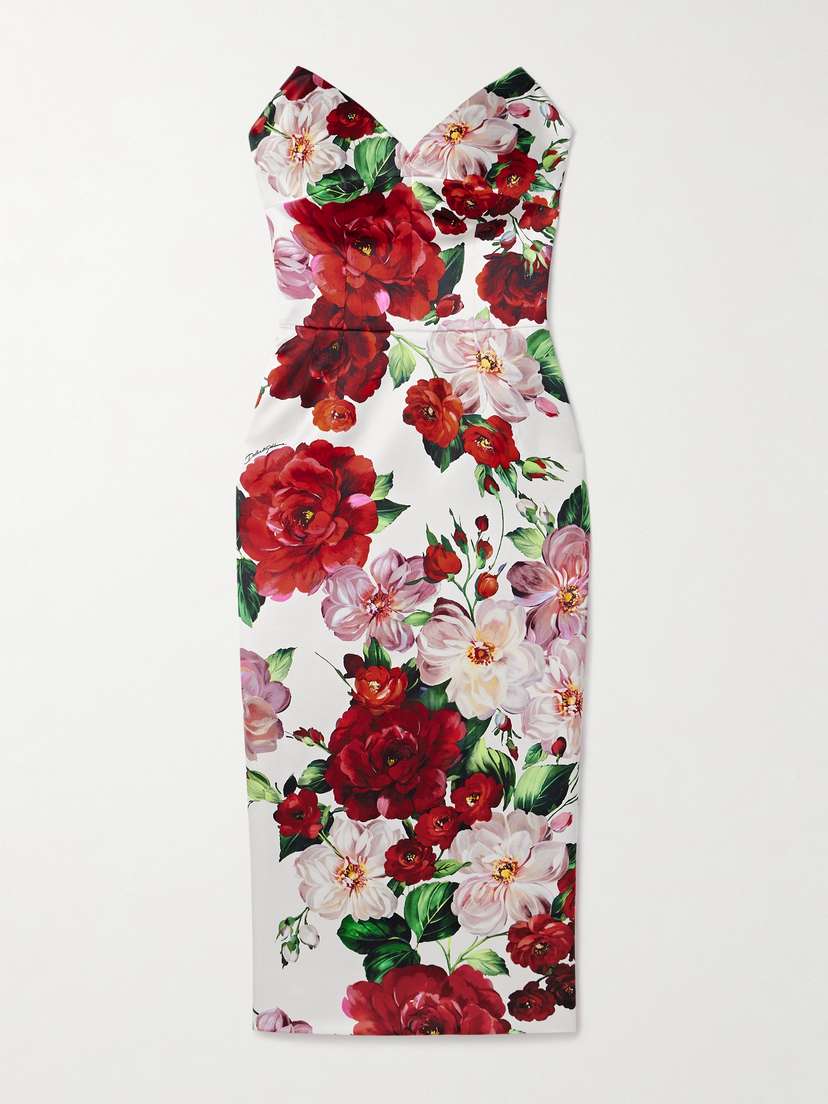 Dolce & Gabbana Strapless Floral-print Satin Bustier Midi Dress