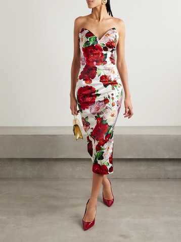 Dolce&Gabbana Strapless floral-print satin bustier midi dress