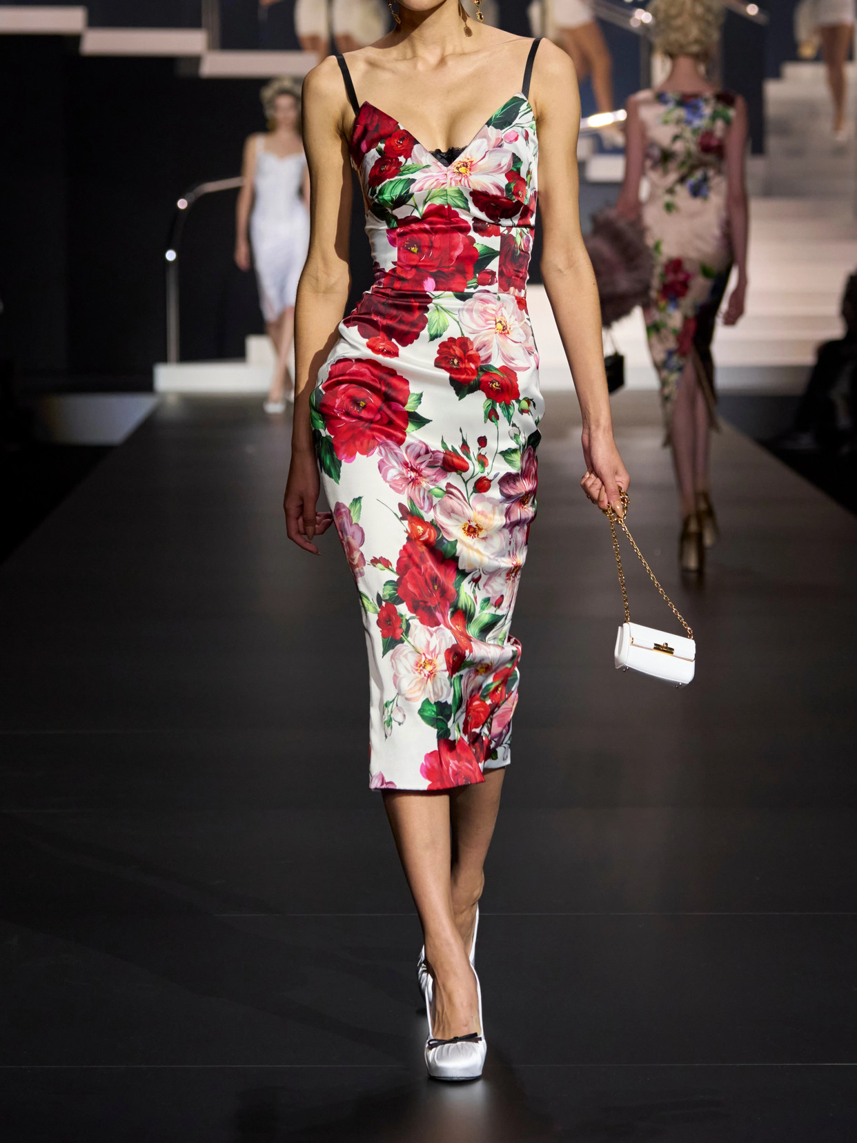 DOLCE & GABBANA STRAPLESS FLORAL-PRINT SATIN BUSTIER MIDI DRESS