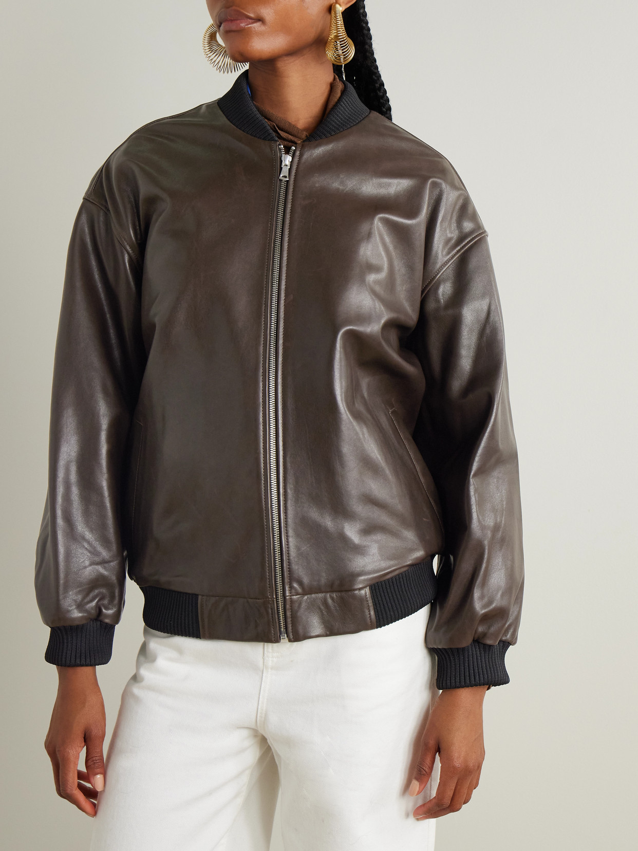 Nour Hammour Marly Zipped Bomber Leather Jacket In Brown