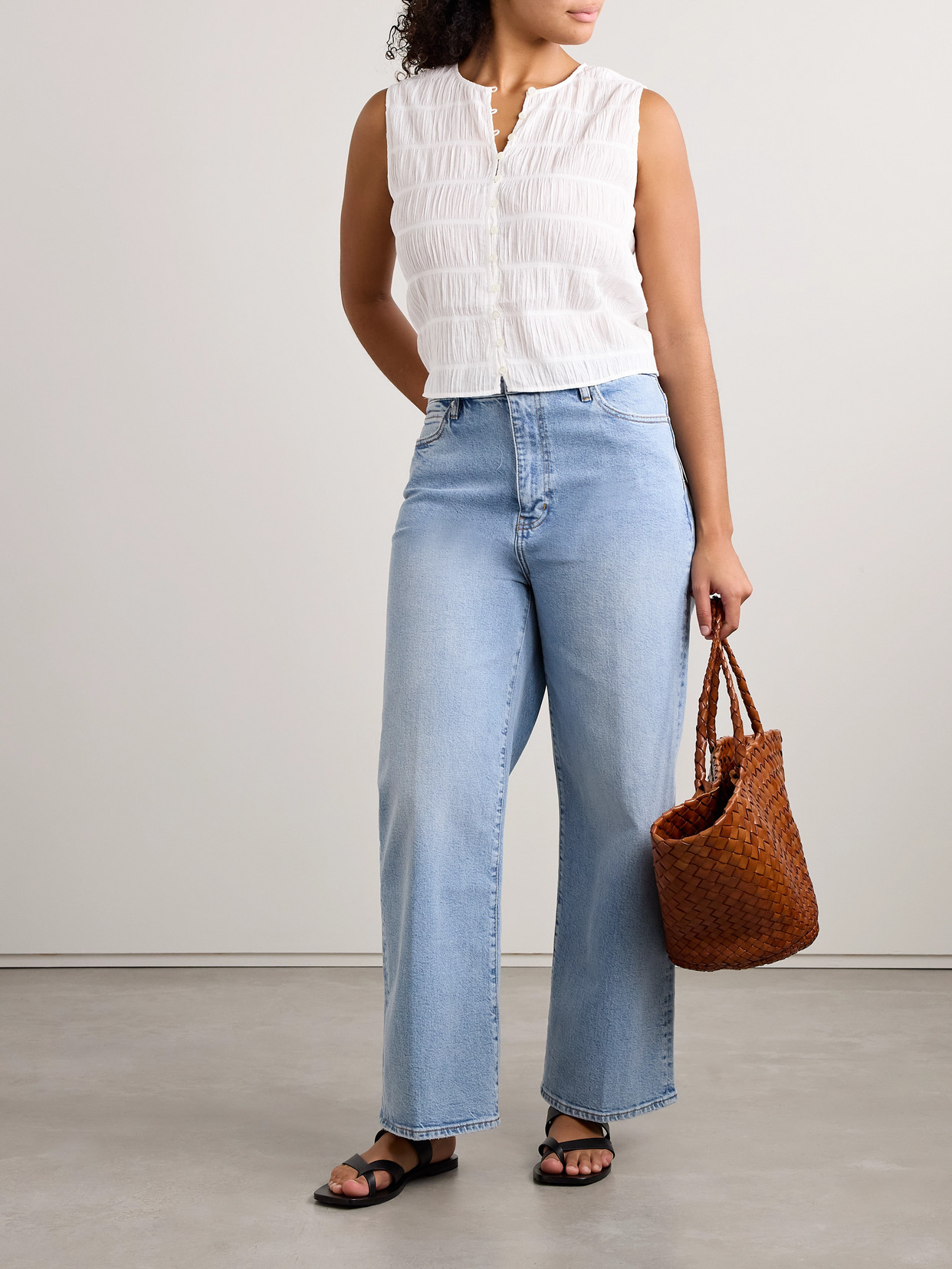 Frame Smocked Button Front Tank Top In White In White
