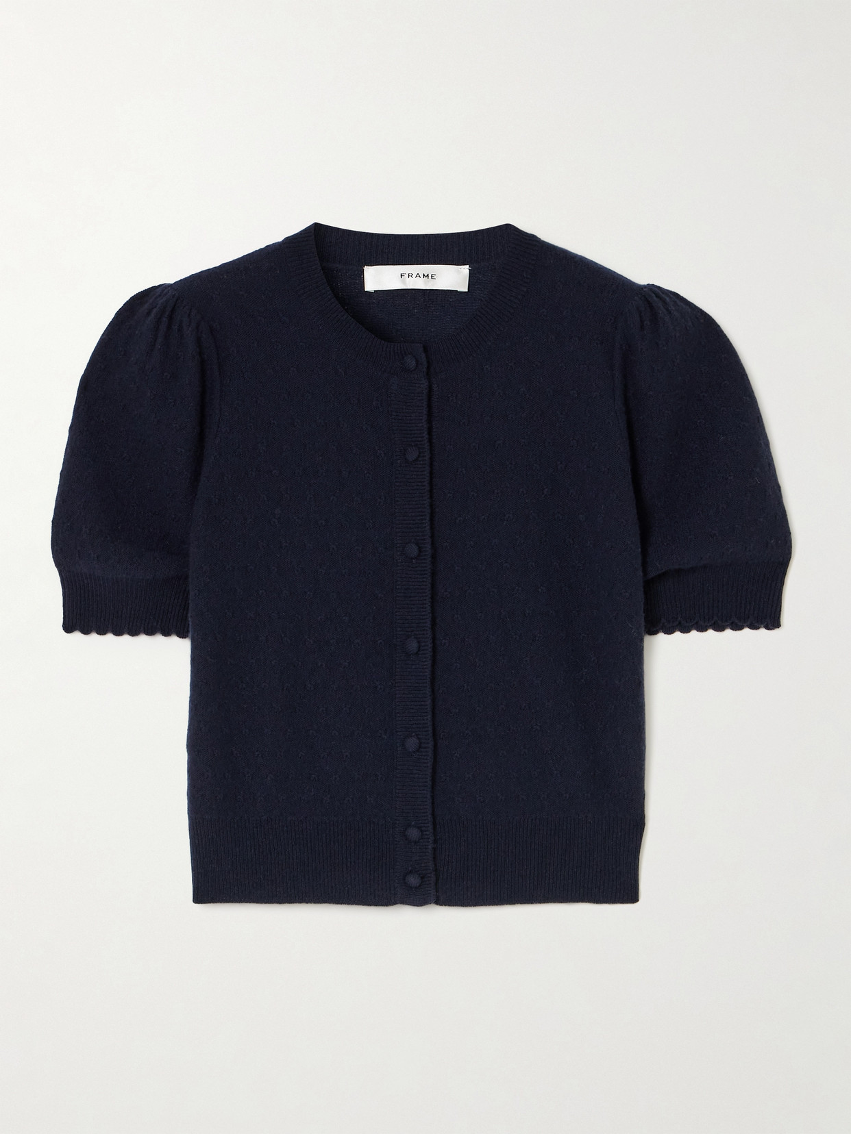 Frame Pointelle-knit Cashmere Cardigan In Blue