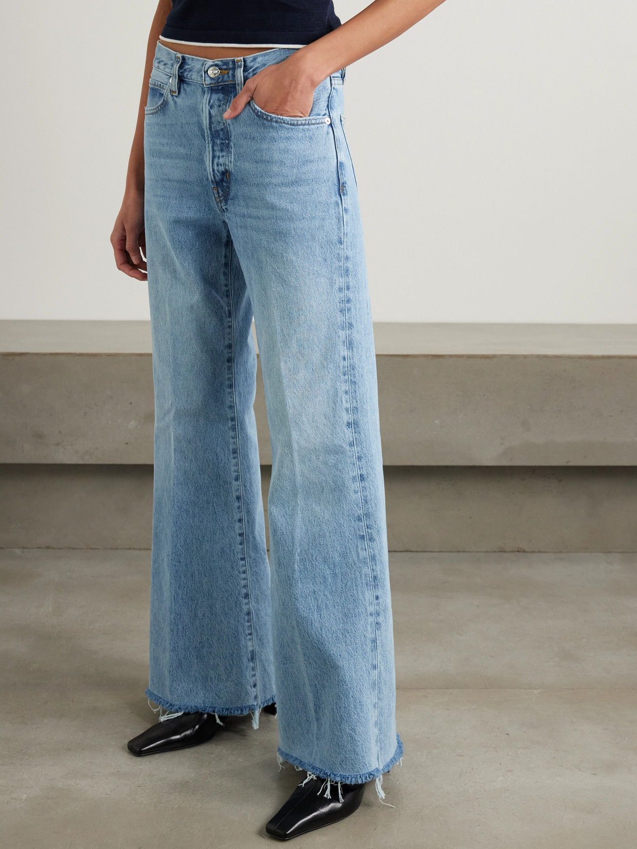 Shop Frame The Lax Distressed High-rise Flared Jeans In Blue