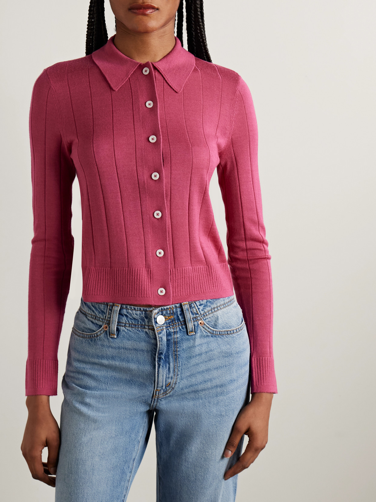 Re/done The Caroline Ribbed Merino Wool, Silk And Cashmere-blend Cardigan