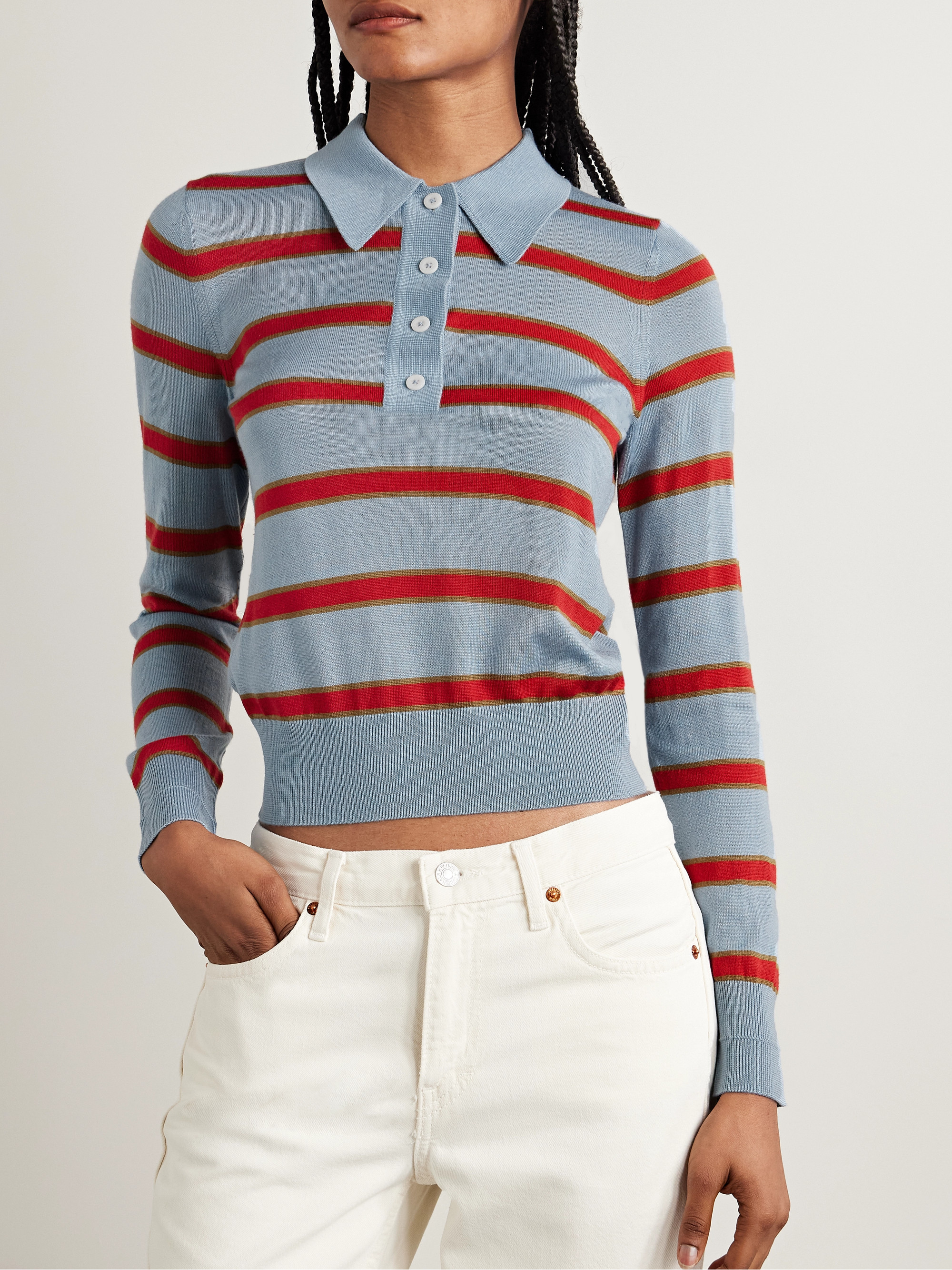 RE/DONE The Memphis striped merino wool, silk and cashmere-blend polo shirt