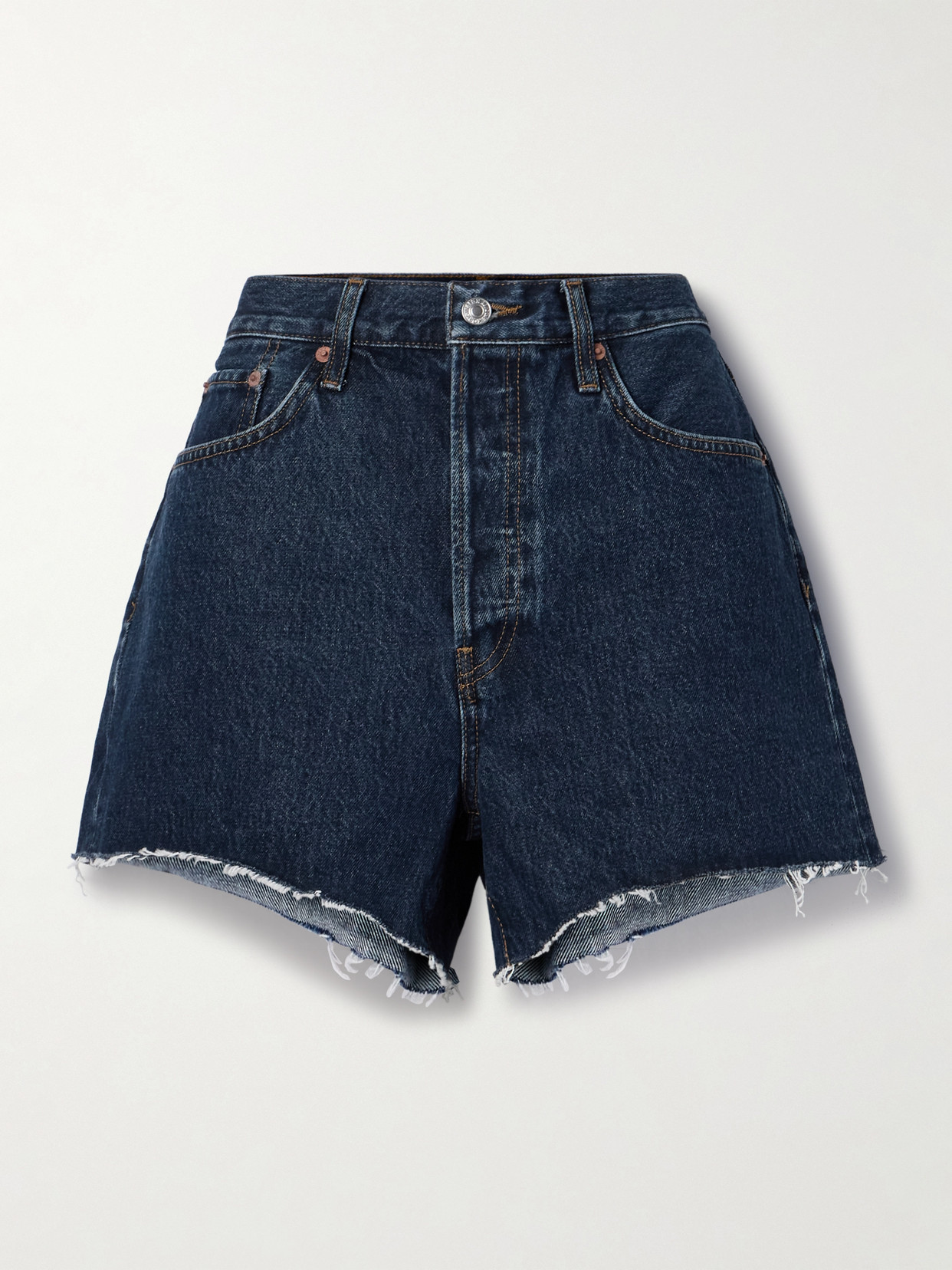Re/done '90s Low Slung Frayed Organic Denim Shorts In Blue