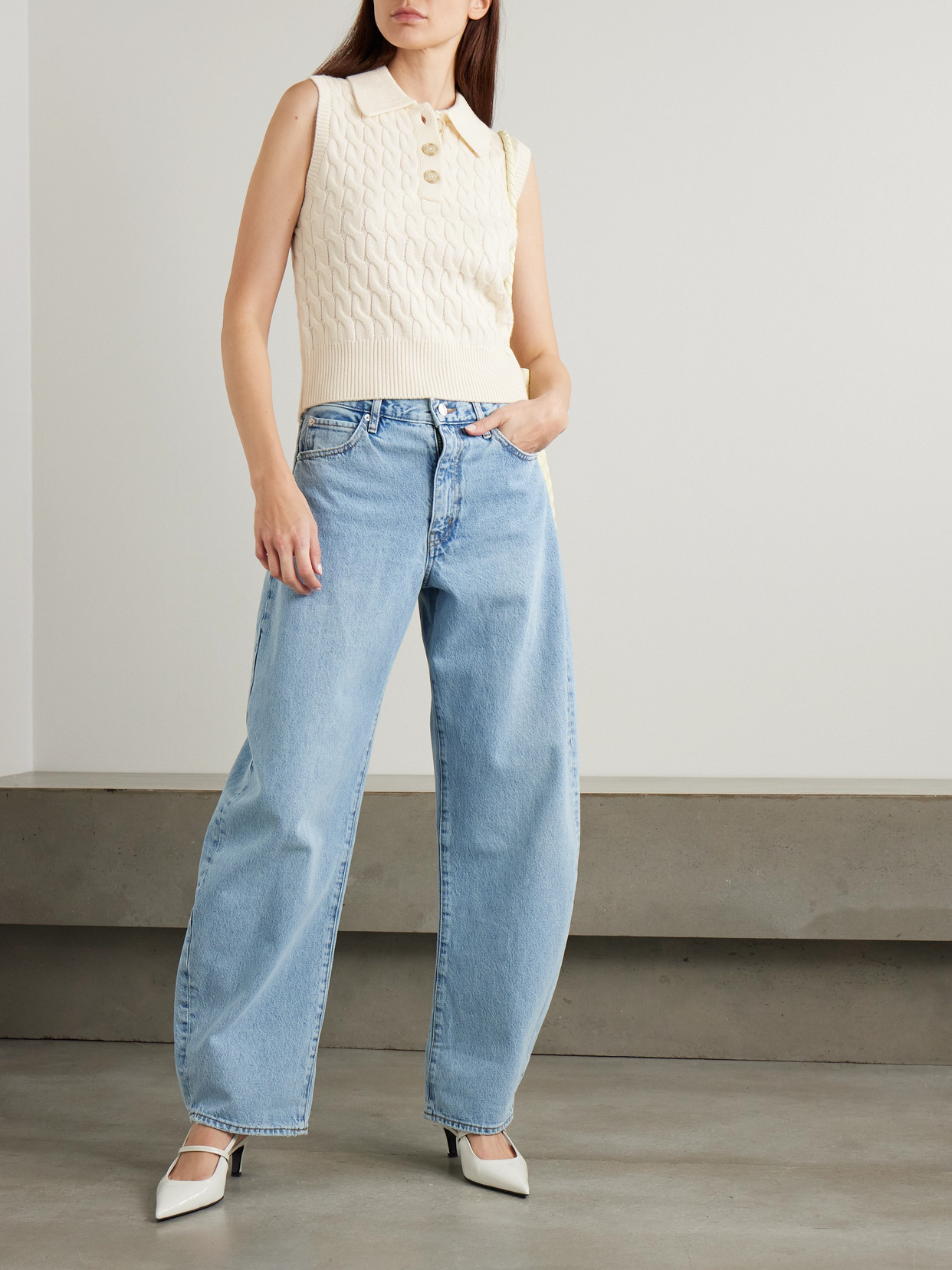 Frame Cable Wool Sleeveless Polo Sweater In Neutral