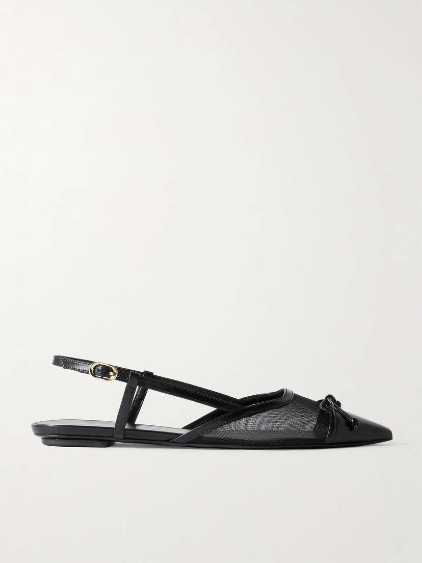 Stuart Weitzman Kitty Bow-embellished Leather-trimmed Mesh Flats