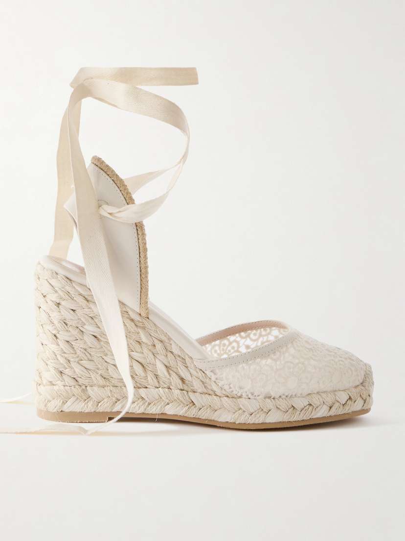 Stuart Weitzman Marguerita Grosgrain-trimmed Leather And Crocheted Wedge Espadrilles