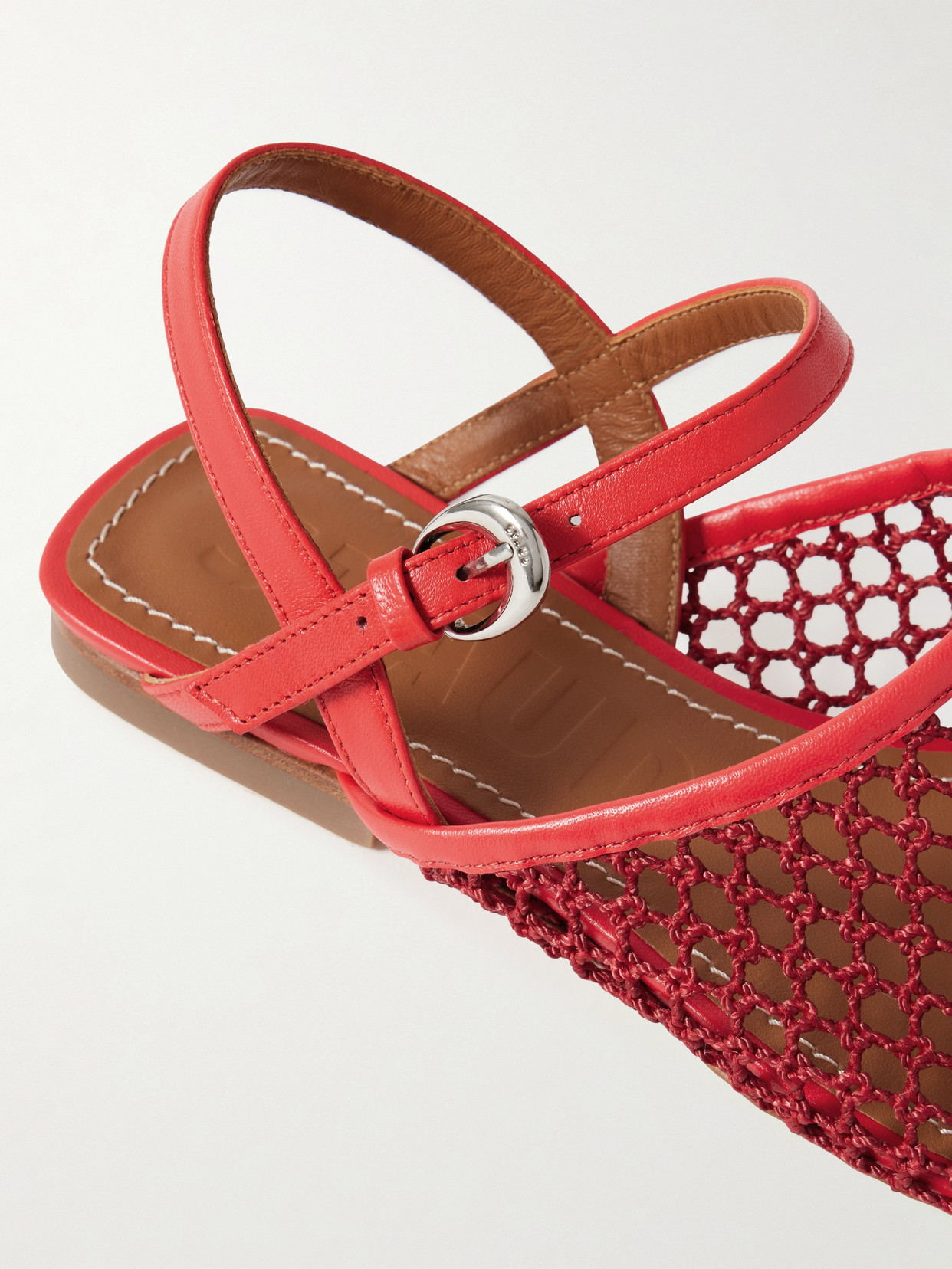 Staud Rete Leather-trimmed Crocheted Slingback Flats In Red