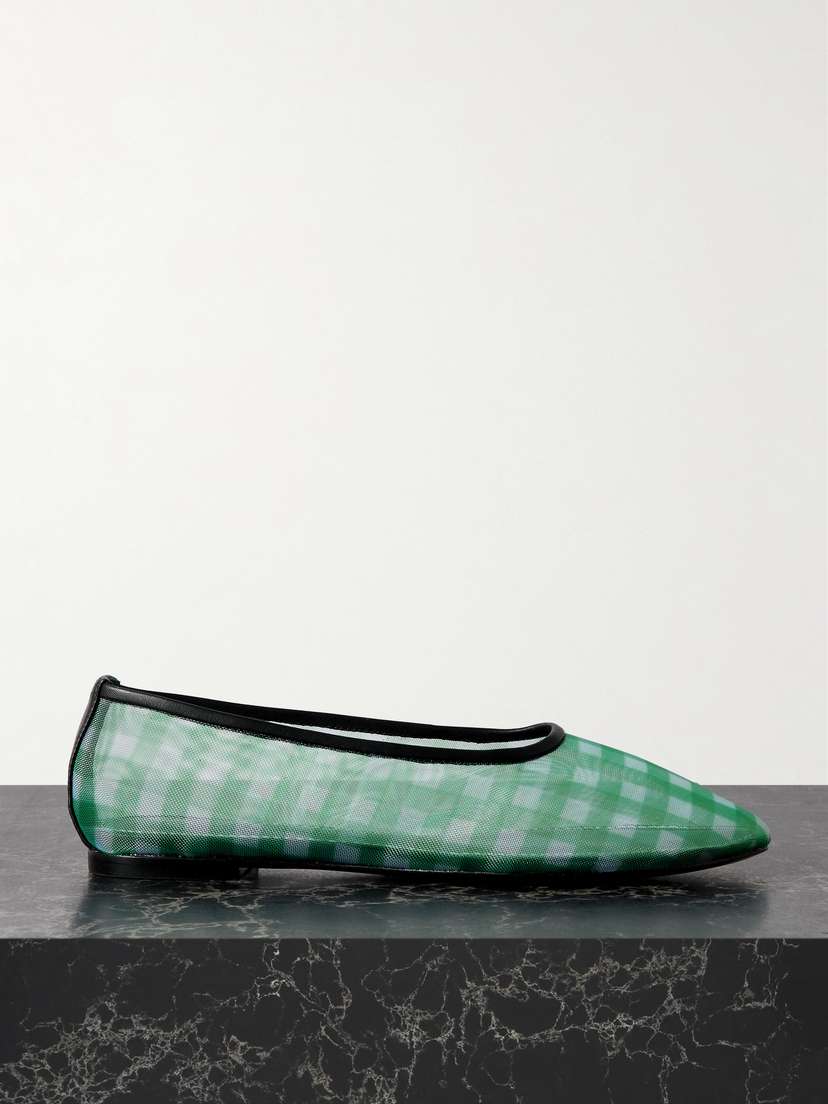Staud Alba Leather-trimmed Gingham Mesh Ballet Flats