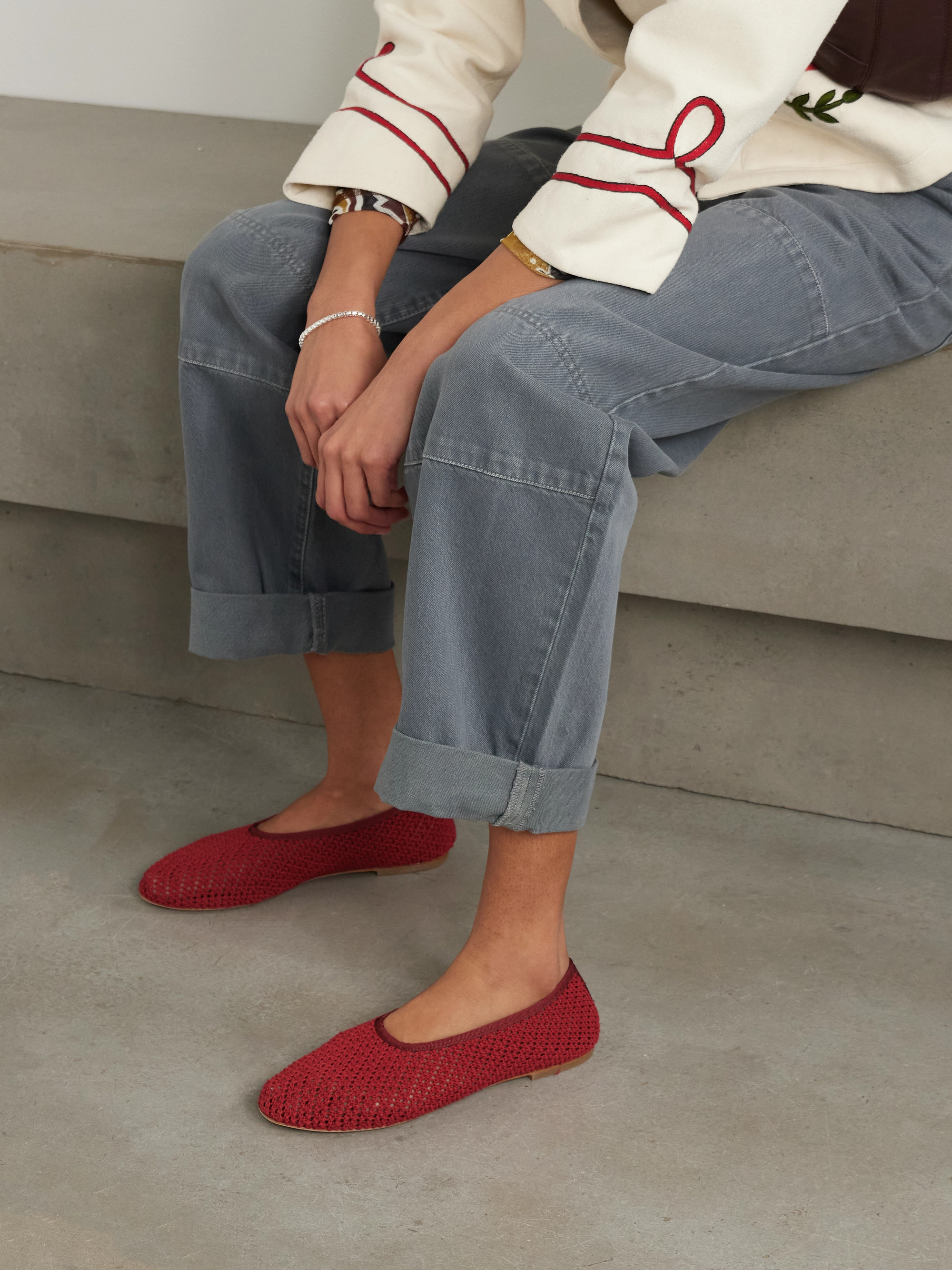 Staud Alba grosgrain-trimmed crocheted ballet flats thumbnail