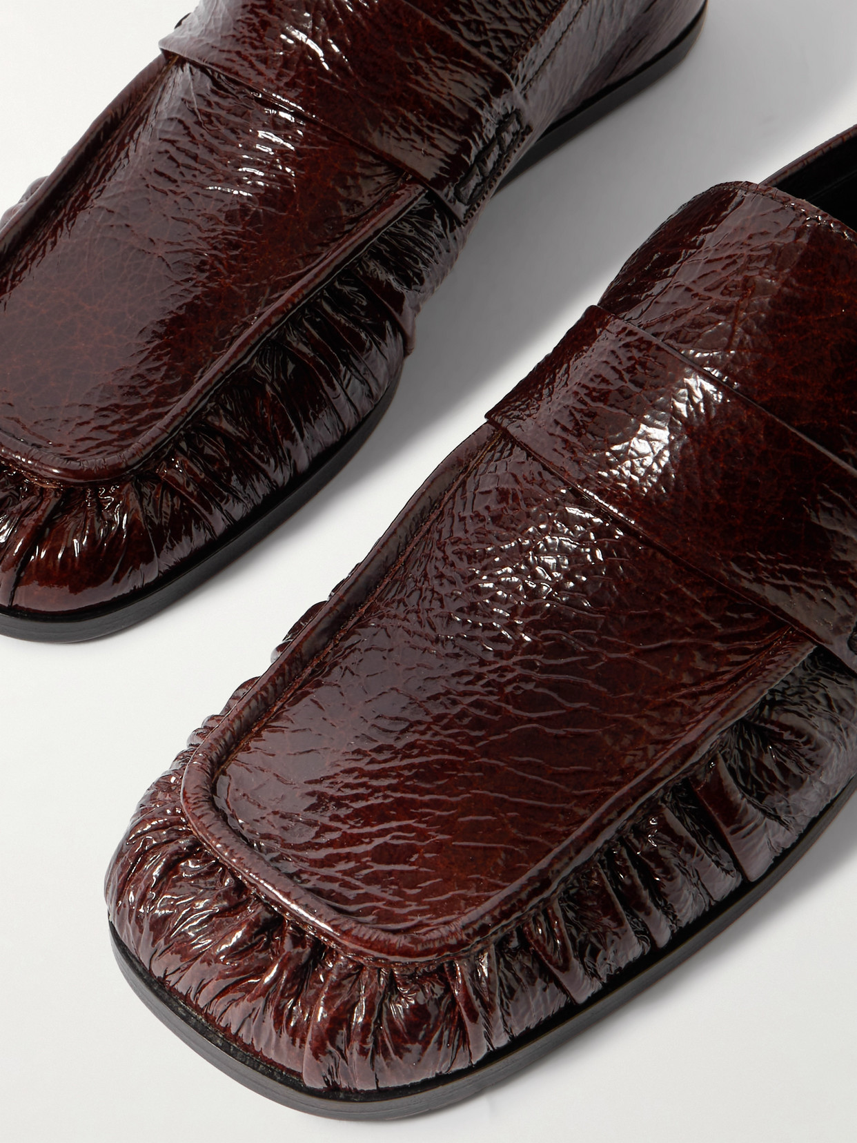Jil Sander Crinkled Glossed-leather Loafers In Brown
