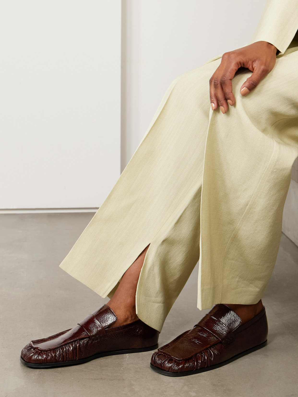 Jil Sander Crinkled Glossed-leather Loafers In Brown