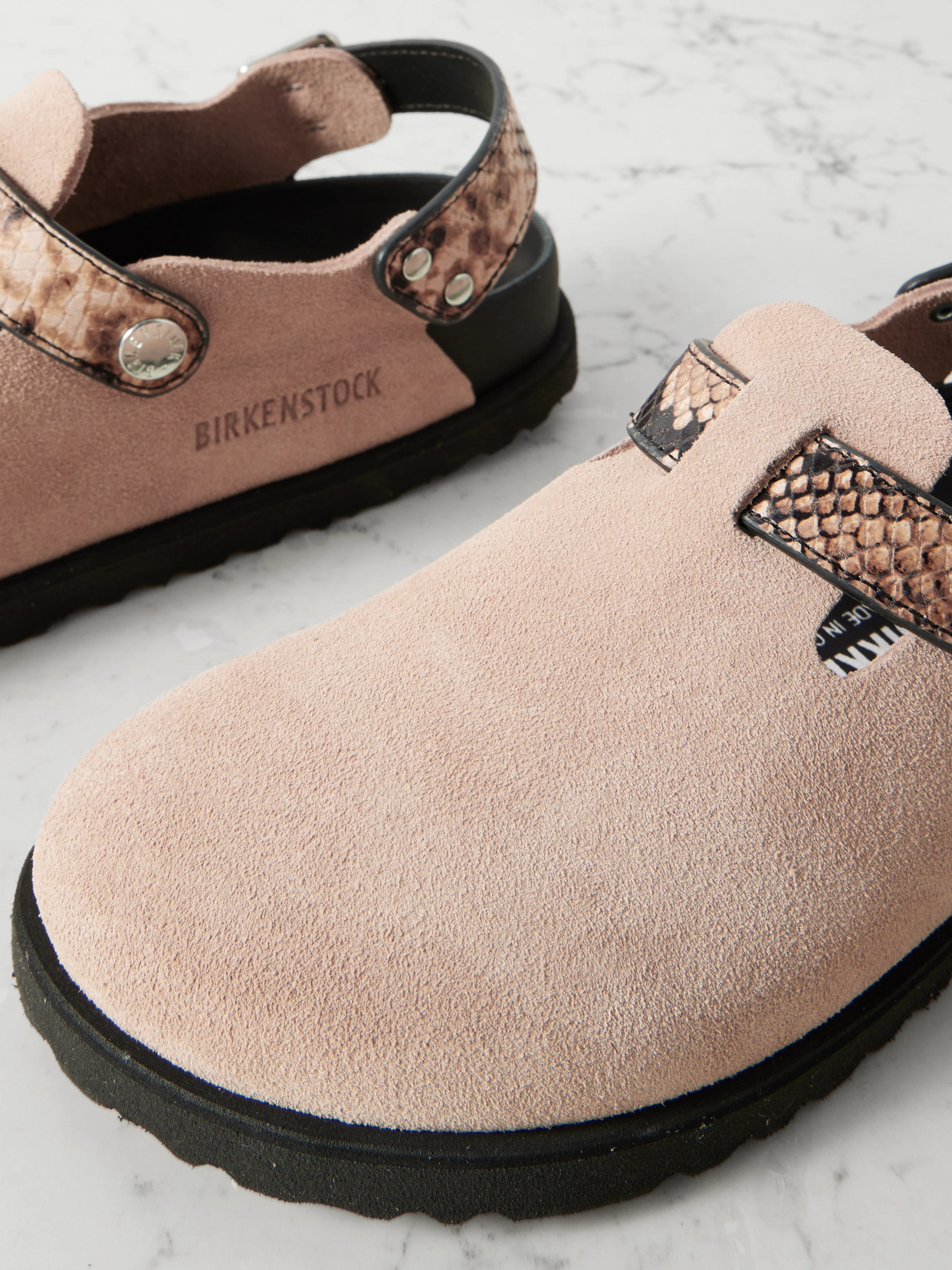 Birkenstock 1774 Tokio Cazador Snake-effect Leather-trimmed Suede Clogs In Neutrals
