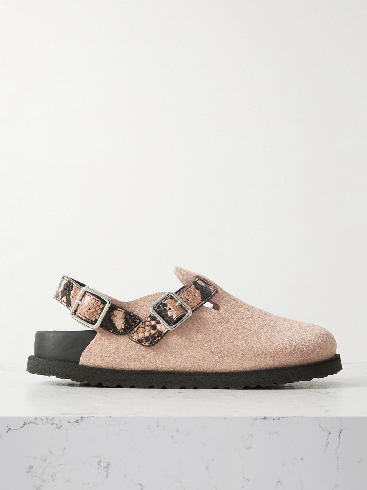 Birkenstock 1774 Tokio Cazador Snake-effect Leather-trimmed Suede Clogs In Neutrals