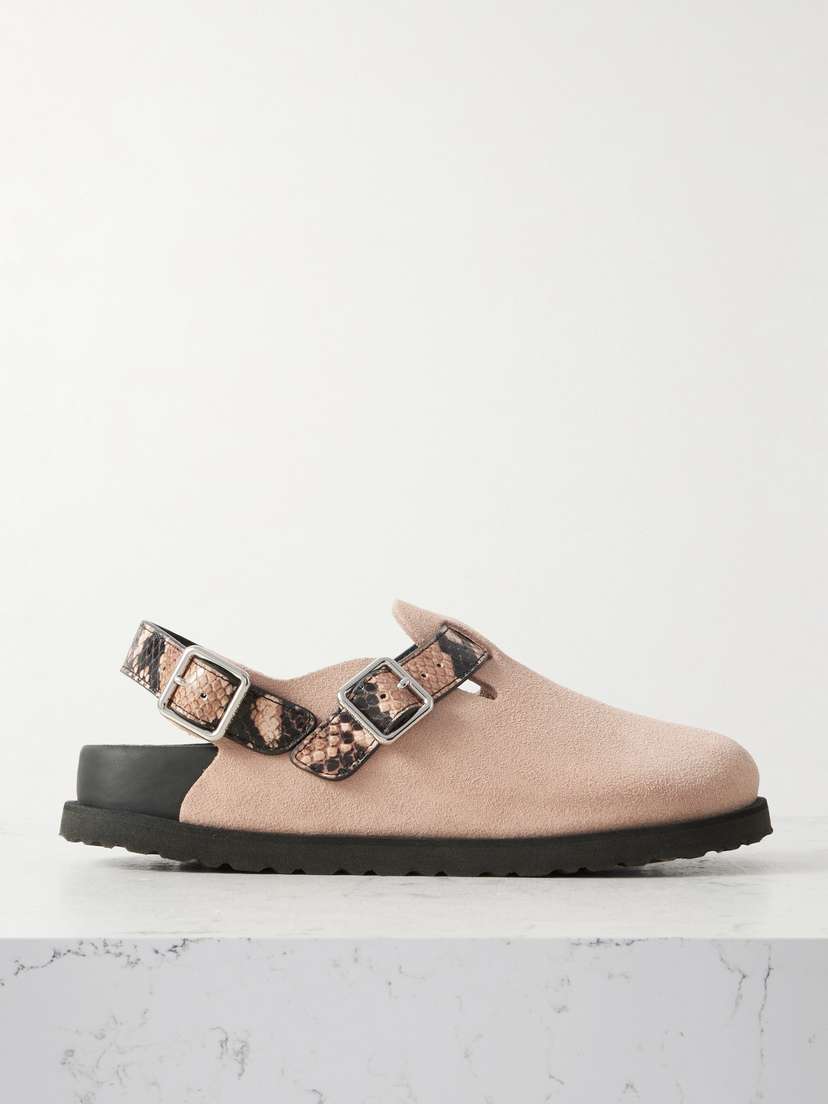 Birkenstock 1774 Tokio Cazador Snake-effect Leather-trimmed Suede Clogs