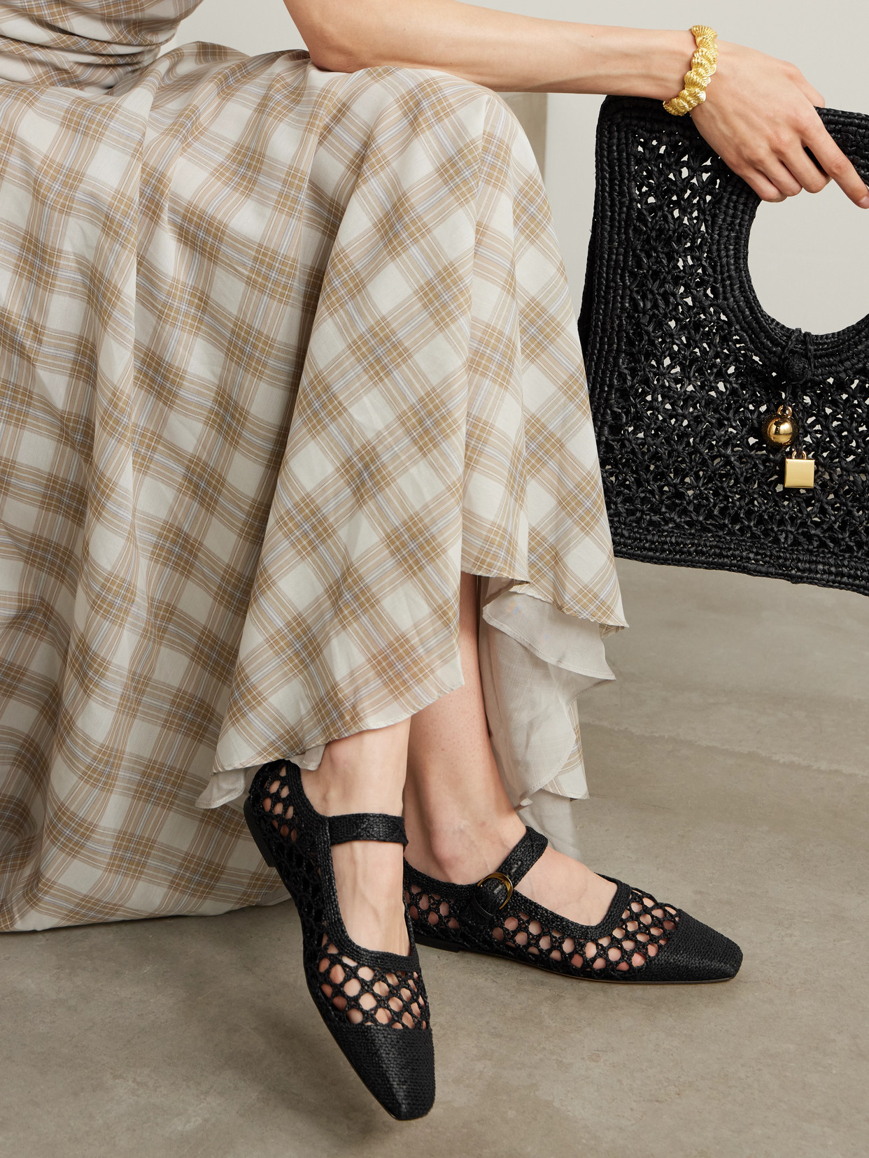 Emme Parsons Tramonto Leather-trimmed Woven Raffia Mary Jane Ballet Flats