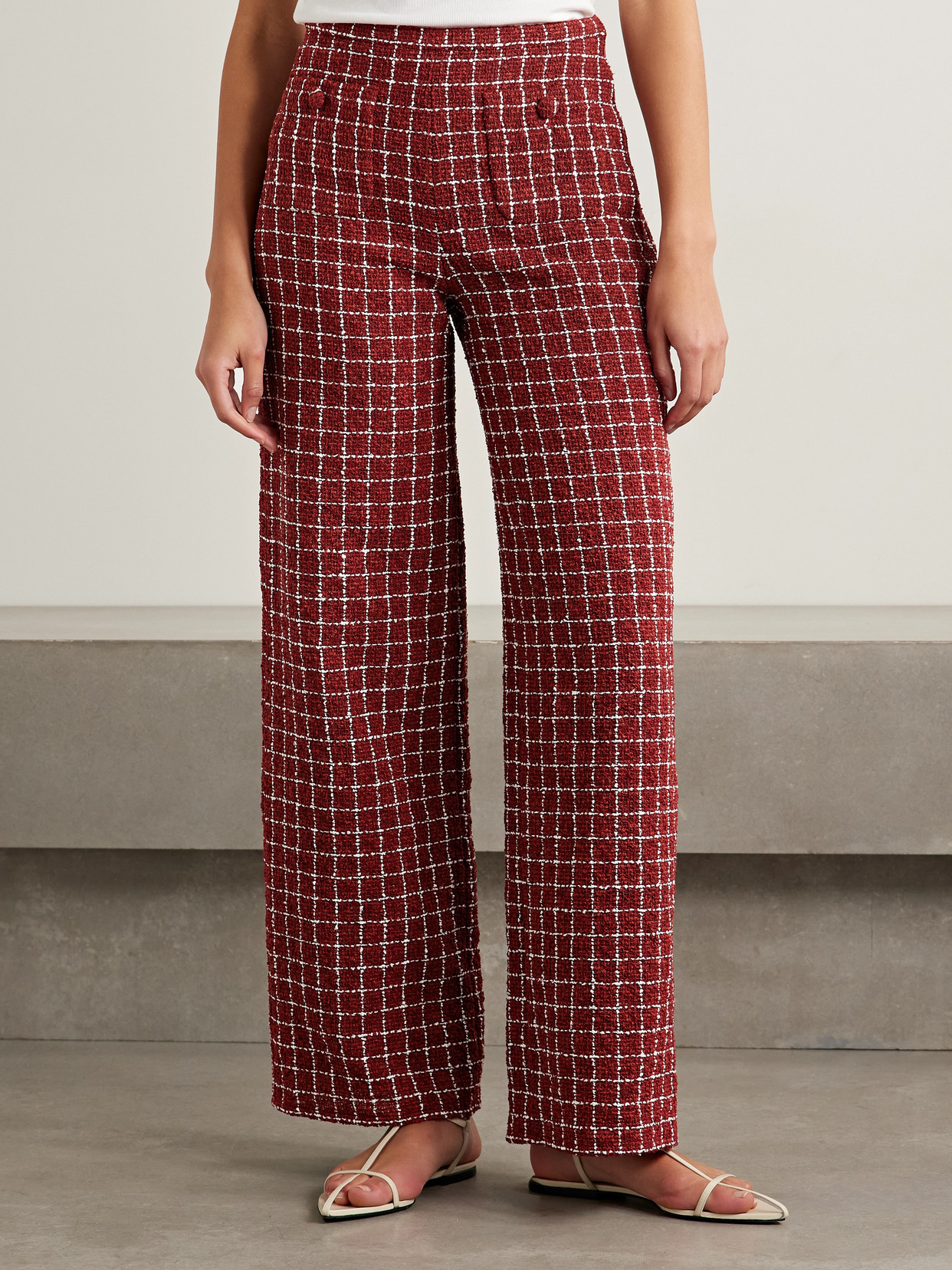 Liberowe Amelia Checked Bouclé-tweed Wide-leg Pants In Burgundy