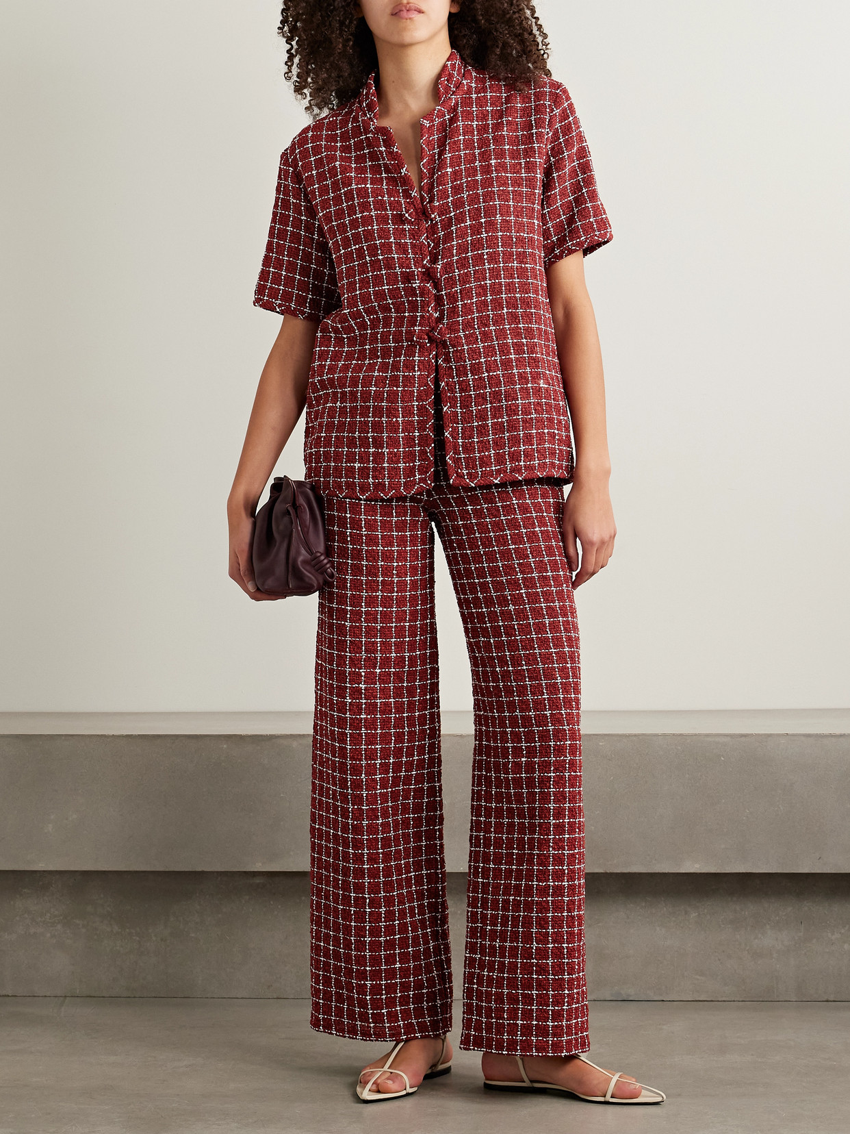 Liberowe Amelia Checked Bouclé-tweed Wide-leg Pants In Burgundy