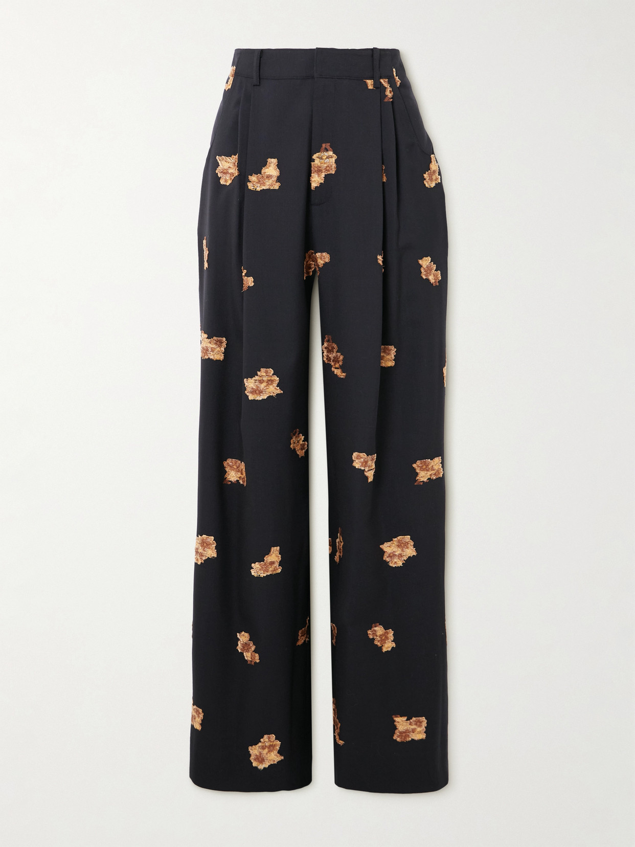 Liberowe Annie Pleated Floral-jacquard Metallic Wool-blend Wide-leg Pants In Black