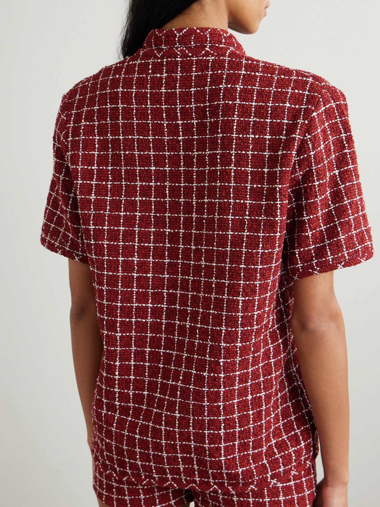 Liberowe Hetty Oversized Checked Bouclé-tweed Shirt In Burgundy